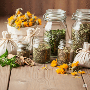 Ahşap masa üzerinde şifalı bitki kurutma ve saklama yöntemlerini gösteren, kurutulmuş lavanta, papatya, cam kavanozlar ve bez torbalar