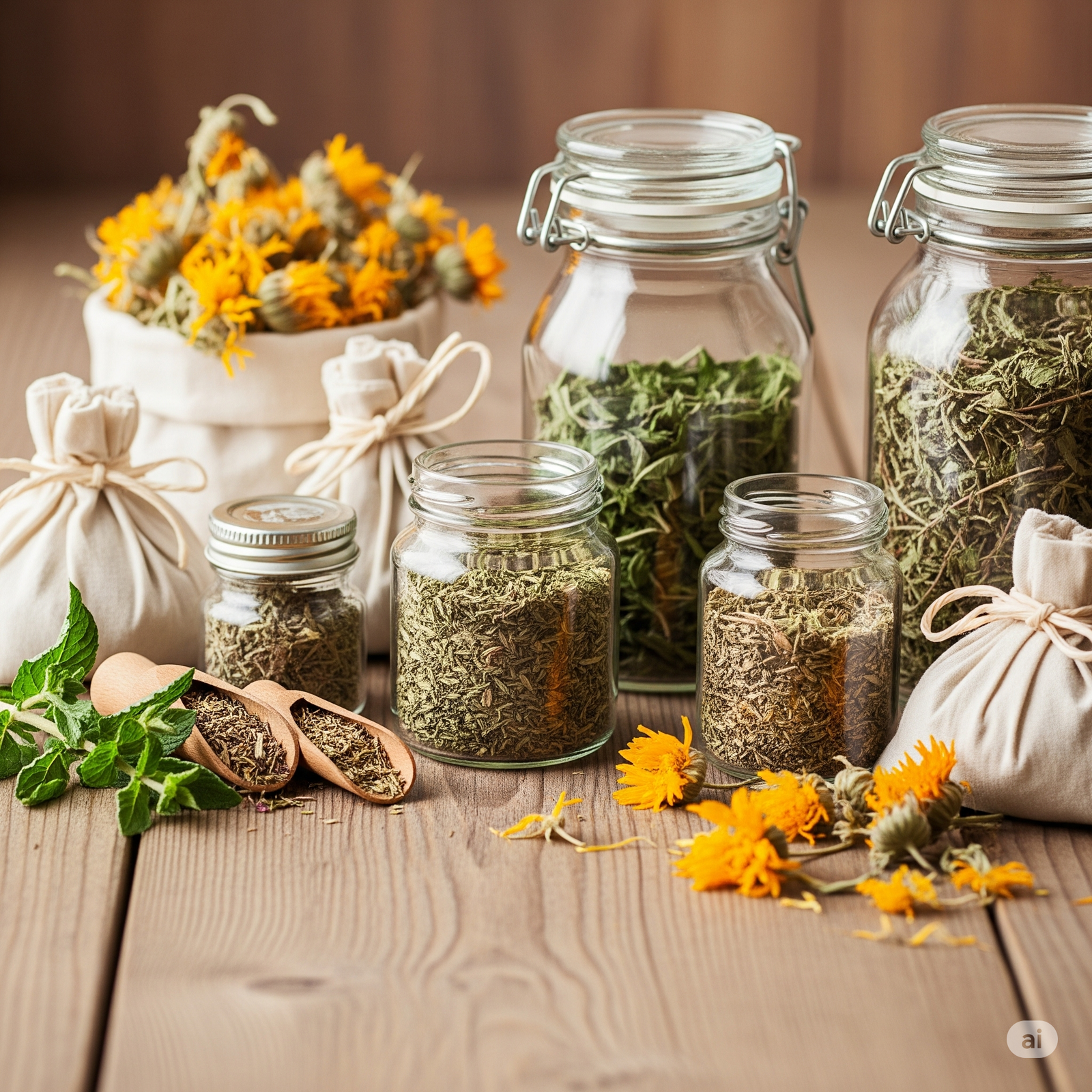 Ahşap masa üzerinde şifalı bitki kurutma ve saklama yöntemlerini gösteren, kurutulmuş lavanta, papatya, cam kavanozlar ve bez torbalar